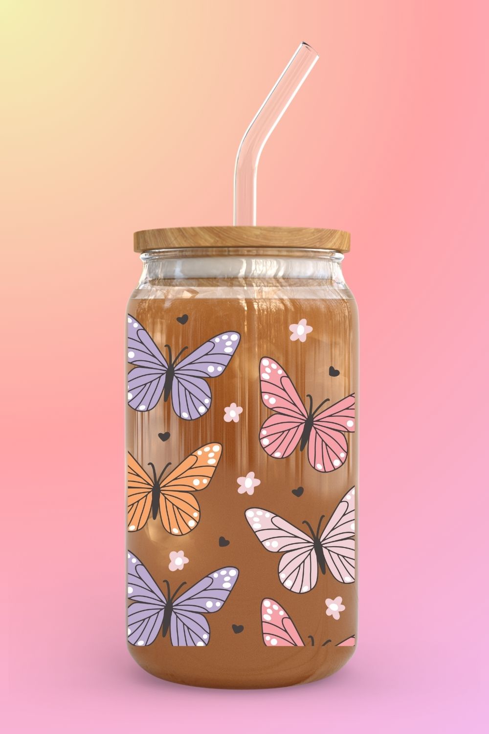 16oz Glass Cup w/Straw & Bamboo Lid | Summer Butterflies